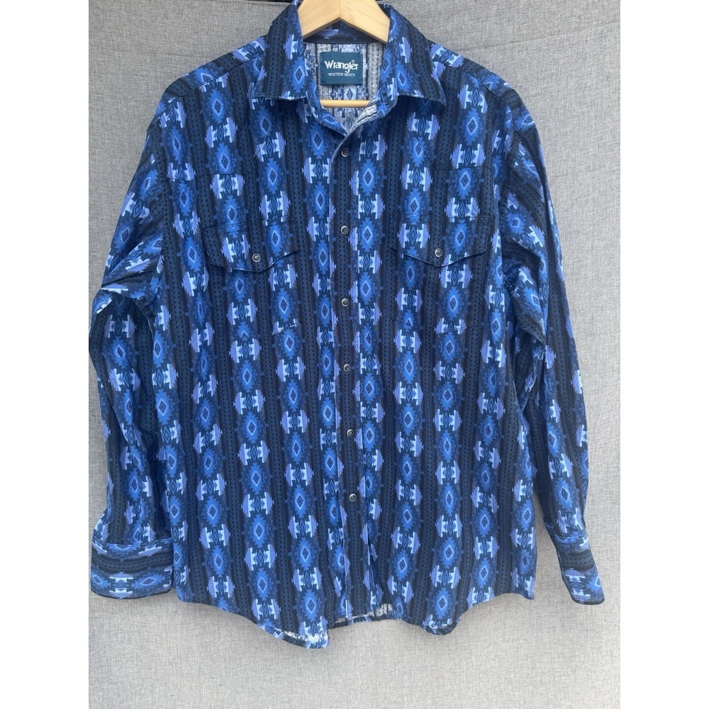Vintage Wrangler Checotah Aztec Style Mens Large Western Long Sleeve Shirt Blue